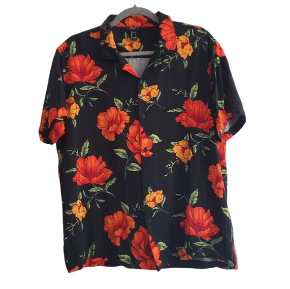 Forever 21 Men Black Orange Floral Button Up Casual Short Sleeve Shirt - Picture 6 of 6